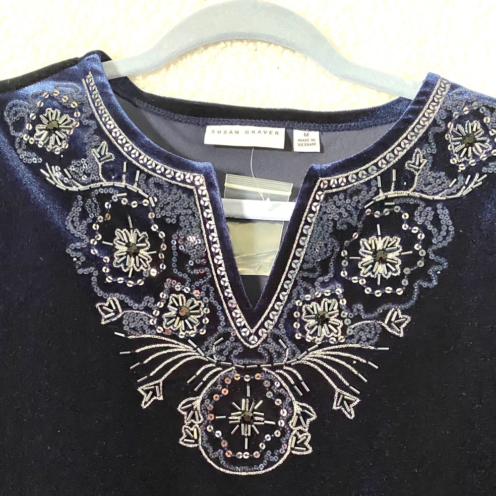 NEW Susan Graver Velour Sparkly Beaded Blouse Top - Picture 2 of 4